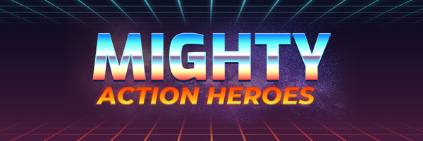 'Mighty Action Heroes' written in all caps with a retro gaming theme.
